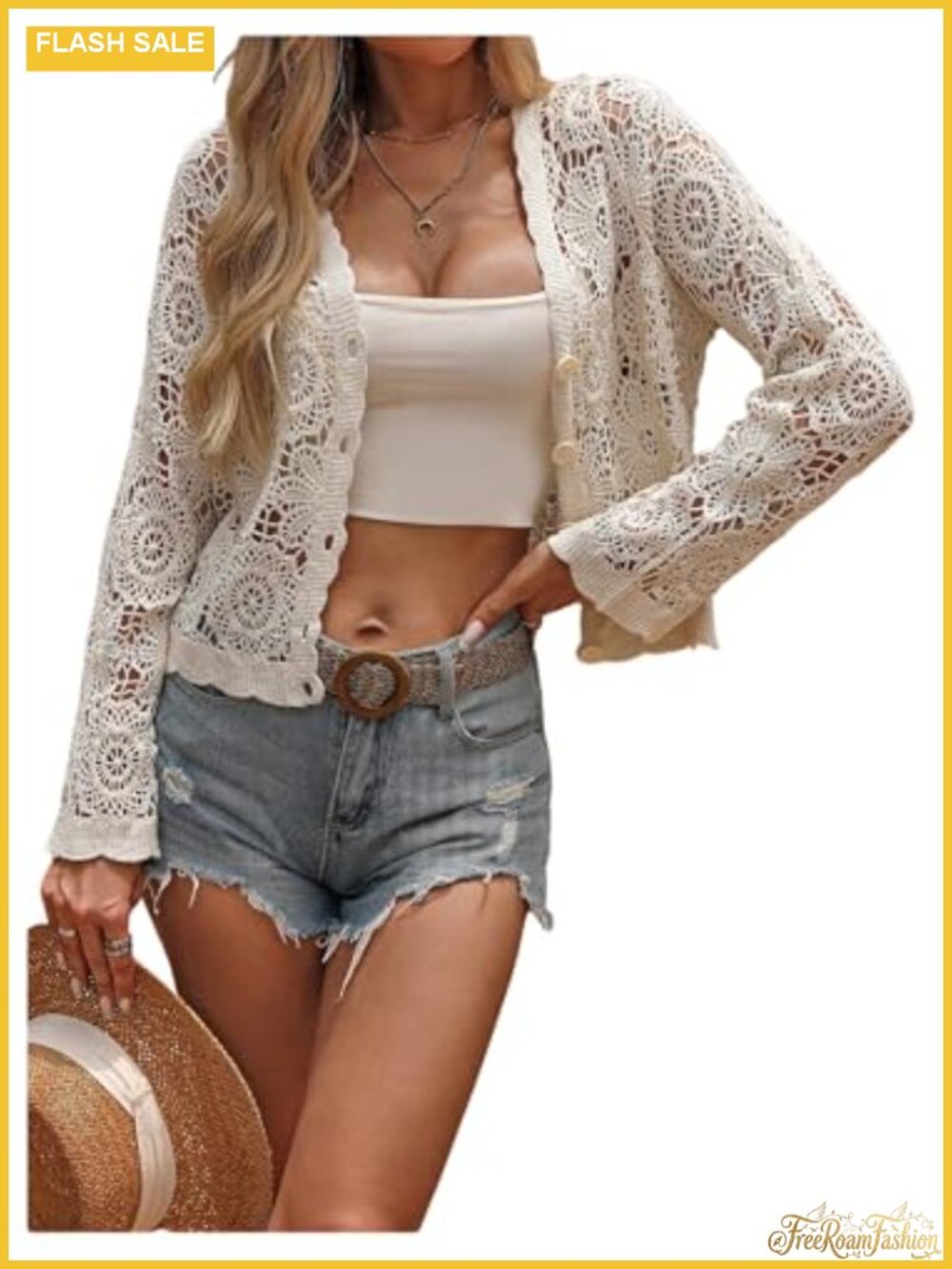 Women's Crochet Boho Lightweight Cardigan Long Sleeve Button Front Knit